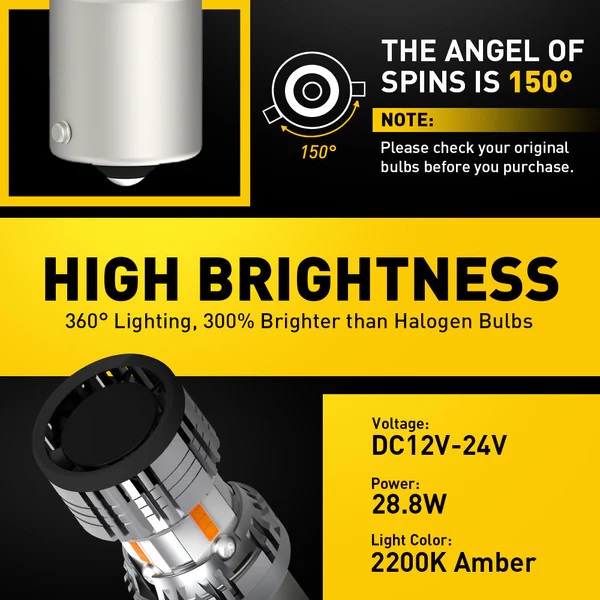 1157 bau15s amber yellow led turn signal light bulbs with build in load resistor canbus error free 38015718031604_x600